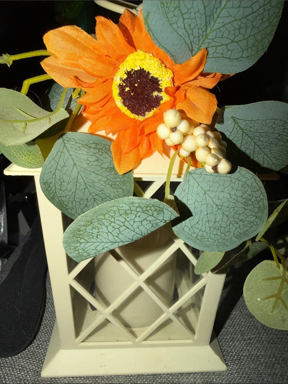 Orange Sunflower Faux Floral Lantern Accent - Home Accents